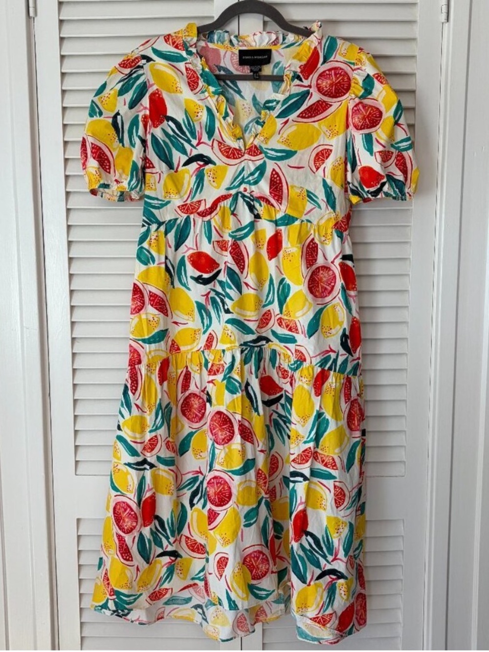 Donna Morgan Citrus Fruit Print Midi Length V-Neck Short Sleeve Dress EUC